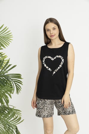 Estiva Kadın Kaplan Alt Desenli Siyah Kolsuz Şortlu Penye Lycra Pijama Takımı