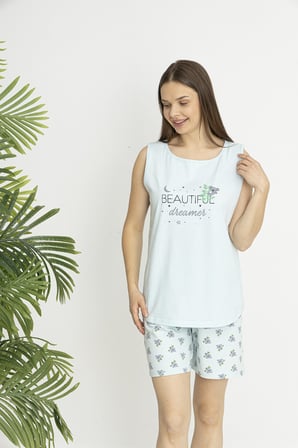 Estiva Kadın Koala Alt Desenli Yeşil Kolsuz Şortlu Penye Lycra Pijama Takımı