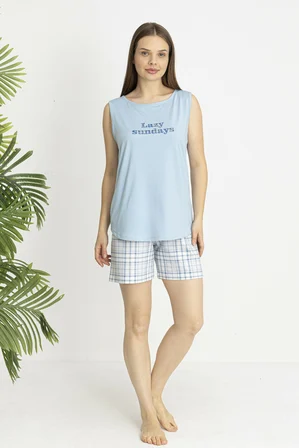 Estiva Kadın Kareli Alt Desenli Mavi Kolsuz Şortlu Penye Lycra Pijama Takımı