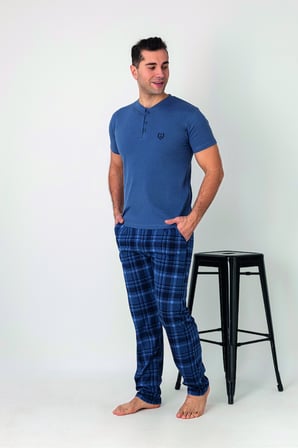 Estiva Erkek Kareli Alt Desenli Mavi Kısa Kollu Patlı Penye Pijama Takımı