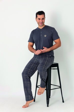 Estiva Erkek Kareli Alt Desenli Gri Kısa Kollu Patlı Penye Pijama Takımı