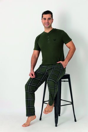 Estiva Erkek Kareli Alt Desenli Haki Kısa Kollu Patlı Penye Pijama Takımı