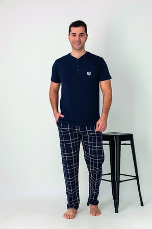 Estiva Erkek Kareli Alt Desenli Lacivert Kısa Kollu Patlı Penye Pijama Takımı