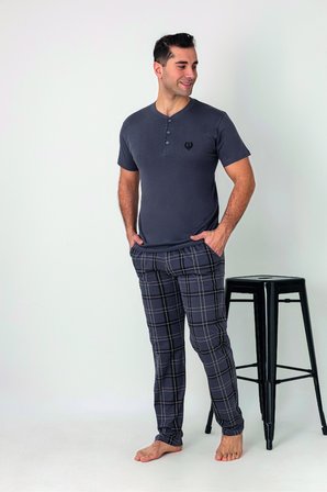Estiva Erkek Kareli Alt Desenli Füme Kısa Kollu Patlı Penye Pijama Takımı