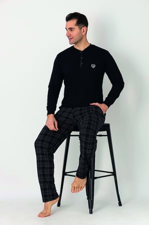 Estiva Erkek Kareli Alt Desenli Siyah Uzun Kollu Patlı Penye Pijama Takımı