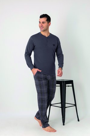 Estiva Erkek Kareli Alt Desenli Füme Uzun Kollu Patlı Penye Pijama Takımı