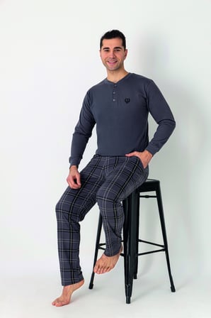 Estiva Erkek Kareli Alt Desenli Füme Uzun Kollu Patlı Penye Pijama Takımı