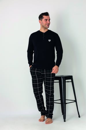Estiva Erkek Kareli Alt Desenli Siyah Uzun Kollu Patlı Penye Pijama Takımı