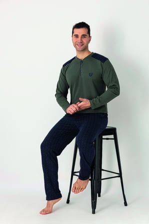 Estiva Erkek Alt Desenli Apoletli Uzun Kollu Patlı Penye Pijama Takımı