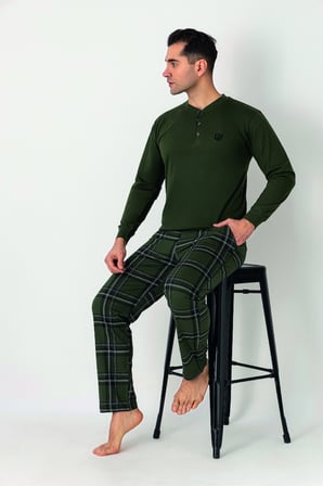Estiva Erkek Kareli Alt Desenli Haki Uzun Kollu Patlı Penye Pijama Takımı