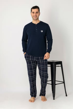 Estiva Erkek Kareli Alt Desenli Lacivert Uzun Kollu Patlı Penye Pijama Takımı