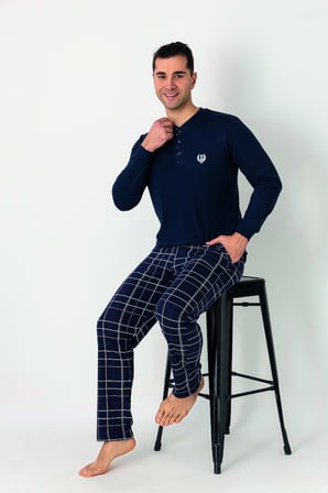 Estiva Erkek Kareli Alt Desenli Lacivert Uzun Kollu Patlı Penye Pijama Takımı