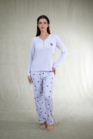 Estiva Kadın Frambuaz Desenli Lila Kaşkorse Pijama Takımı