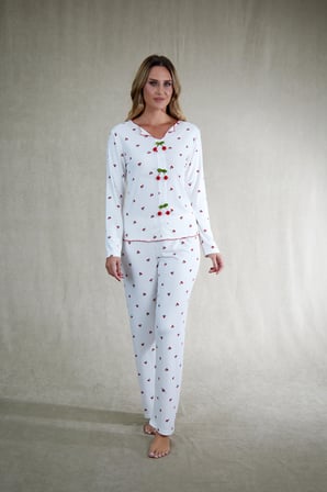Estiva Kadın Kiraz Detaylı Beyaz Kırmızı Kaşkorse Pijama Takımı
