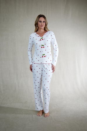 Estiva Kadın Kiraz Detaylı Beyaz Kırmızı Kaşkorse Pijama Takımı