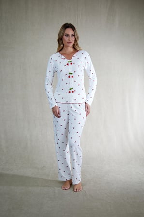 Estiva Kadın Kiraz Detaylı Beyaz Kırmızı Kaşkorse Pijama Takımı