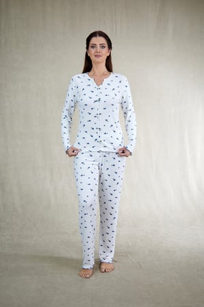 Estiva Kadın Menekşe Desenli Mor Beyaz Kaşkorse Pijama Takımı