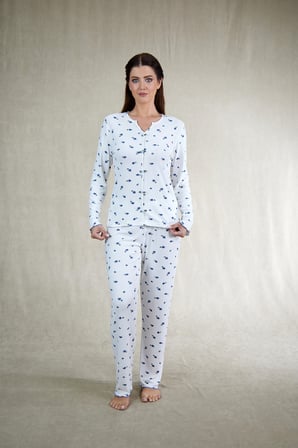 Estiva Kadın Menekşe Desenli Mor Beyaz Kaşkorse Pijama Takımı