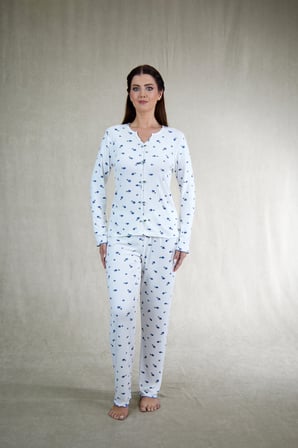 Estiva Kadın Menekşe Desenli Mor Beyaz Kaşkorse Pijama Takımı