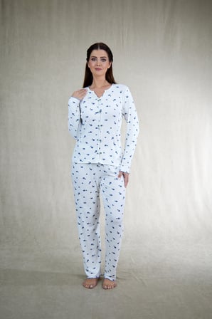 Estiva Kadın Menekşe Desenli Mor Beyaz Kaşkorse Pijama Takımı