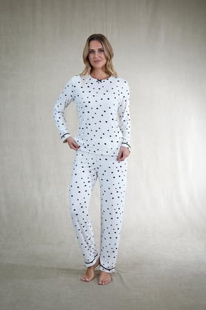 Estiva Kadın Kalp Desenli Siyah Beyaz Kaşkorse Pijama Takımı