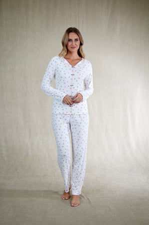 Estiva Kadın Çiçek Desenli Ekru Kaşkorse Pijama Takımı