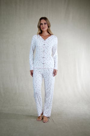 Estiva Kadın Çiçek Desenli Ekru Kaşkorse Pijama Takımı