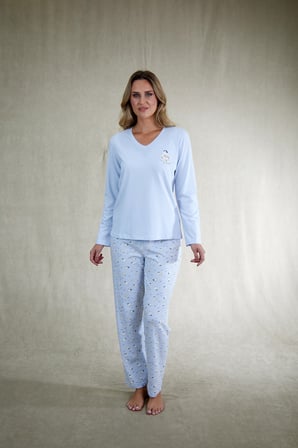 Estiva Kadın Penguen Desenli Mavi Penye Lycra Pijama Takımı