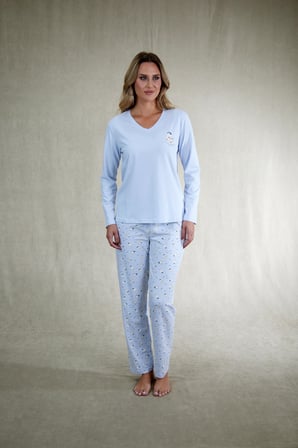 Estiva Kadın Penguen Desenli Mavi Penye Lycra Pijama Takımı