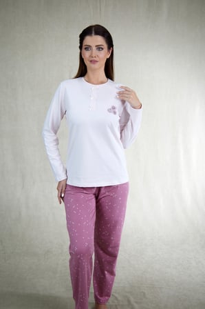 Estiva Kadın Çiçek Desenli Gül Kurusu Pembe Penye Lycra Pijama Takımı