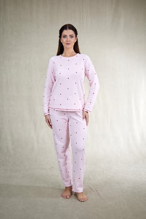 Estiva Kadın Puantiyeli Pembe Waffle Kumaş Pijama Takımı