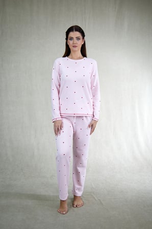 Estiva Kadın Puantiyeli Pembe Waffle Kumaş Pijama Takımı
