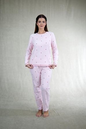 Estiva Kadın Puantiyeli Pembe Waffle Kumaş Pijama Takımı