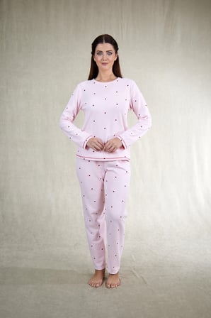 Estiva Kadın Puantiyeli Pembe Waffle Kumaş Pijama Takımı
