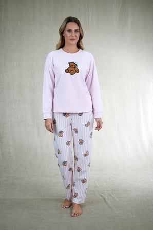 Estiva Kadın Ayıcık Desenli Pembe Waffle Kumaş Pijama Takımı