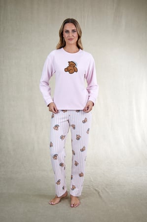 Estiva Kadın Ayıcık Desenli Pembe Waffle Kumaş Pijama Takımı