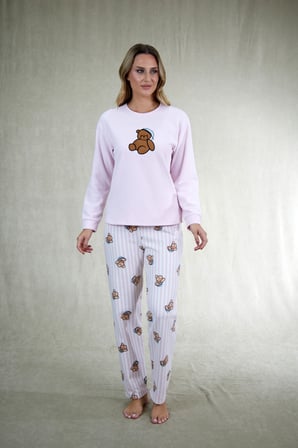Estiva Kadın Ayıcık Desenli Pembe Waffle Kumaş Pijama Takımı