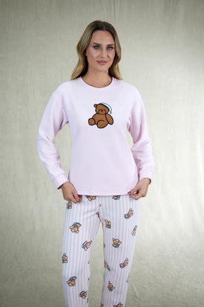Estiva Kadın Ayıcık Desenli Pembe Waffle Kumaş Pijama Takımı