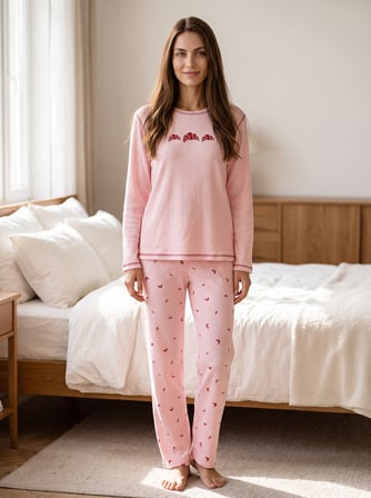 Estiva Kadın Çörek Desenli Pembe Waffle Kumaş Pijama Takımı