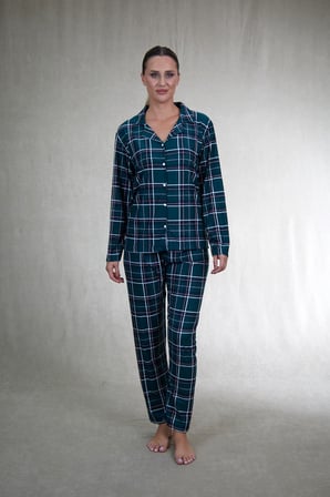 Estiva Kadın Kareli Yeşil Önden Düğmeli Süet Pijama Takımı
