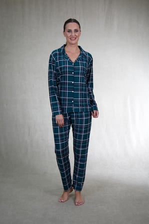 Estiva Kadın Kareli Yeşil Önden Düğmeli Süet Pijama Takımı