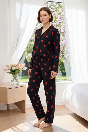Estiva Kadın Kalp Desenli Siyah Önden Düğmeli Süet Pijama Takımı