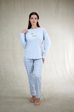 Estiva Kadın Kareli Mavi Penye Lycra Pijama Takımı