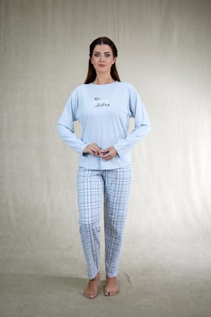 Estiva Kadın Kareli Mavi Penye Lycra Pijama Takımı
