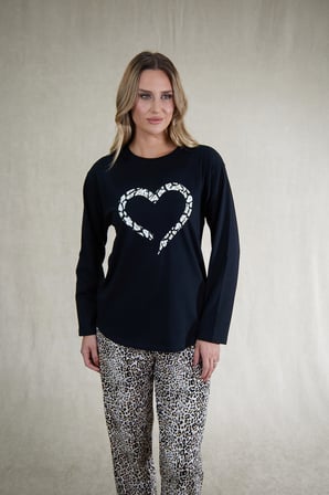 Estiva Kadın Kalp & Kaplan Desenli Siyah Kahverengi Penye Lycra Pijama Takımı