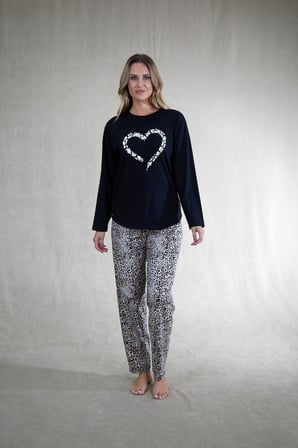 Estiva Kadın Kalp & Kaplan Desenli Siyah Kahverengi Penye Lycra Pijama Takımı