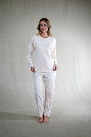 Estiva Kadın Çiçek Desenli Pudra Pembe Penye Lycra Pijama Takımı