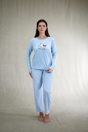 Estiva Kadın Ayıcık Desenli Mavi Kadife Pijama Takımı