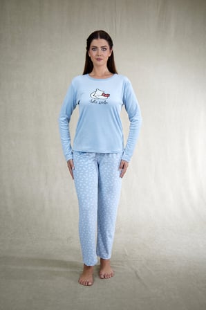 Estiva Kadın Ayıcık Desenli Mavi Kadife Pijama Takımı