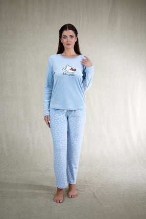 Estiva Kadın Ayıcık Desenli Mavi Kadife Pijama Takımı